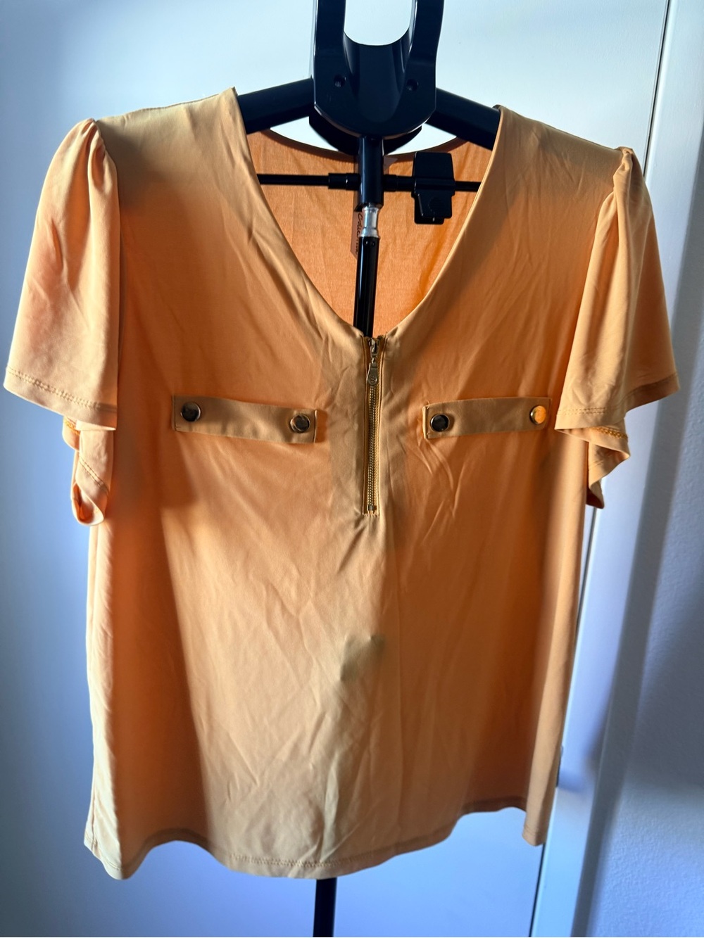 NY Collection Peach Short Sleeve Zip Front Blouse